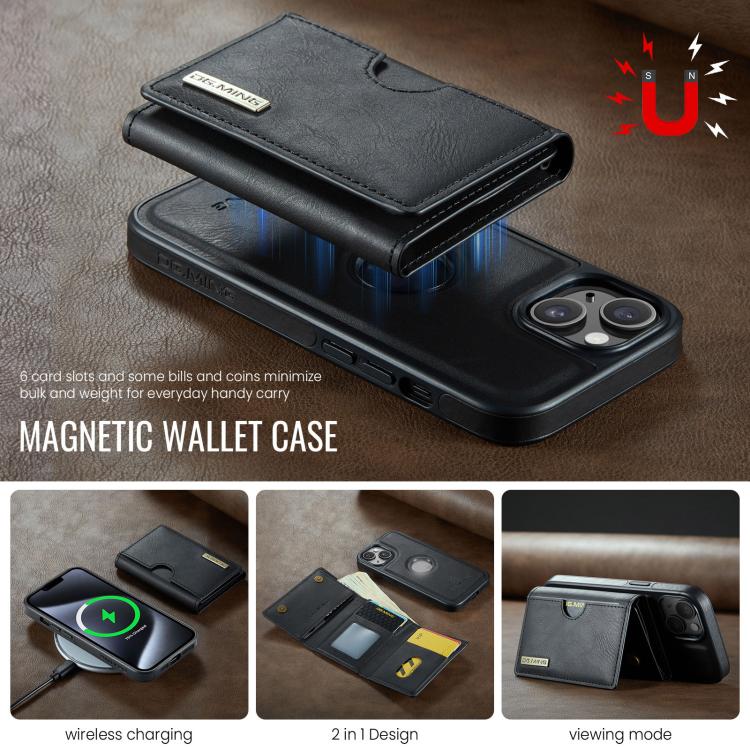 For iPhone 14 Plus DG.MING M6 Series RFID Tri-fold Card Bag Removable Leather Phone Case