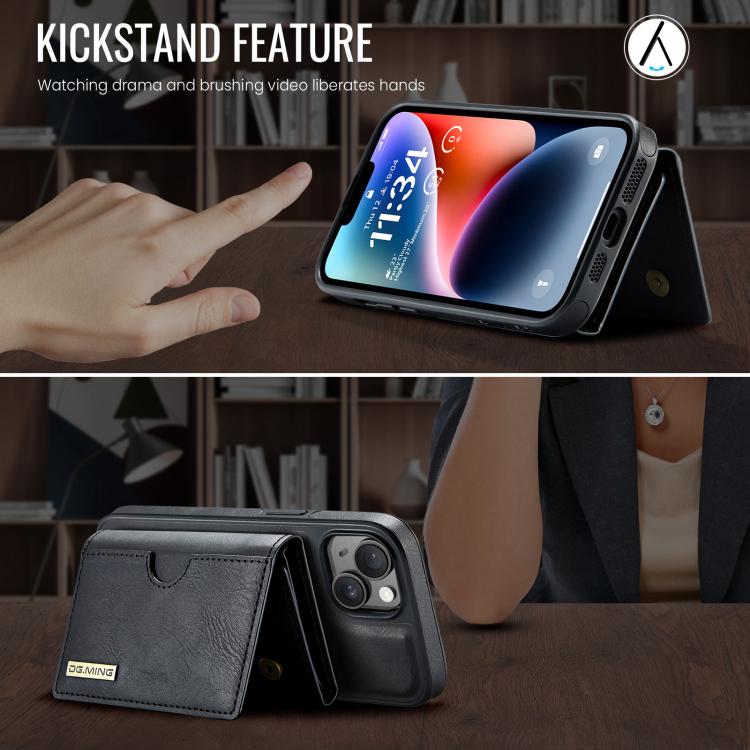 For iPhone 14 Plus DG.MING M6 Series RFID Tri-fold Card Bag Removable Leather Phone Case