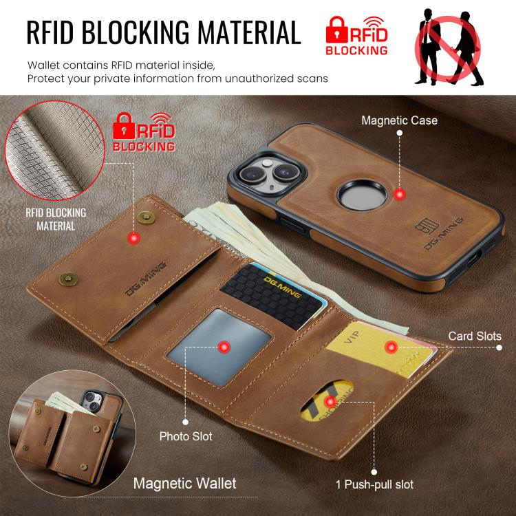 For iPhone 14 Plus DG.MING M6 Series RFID Tri-fold Card Bag Removable Leather Phone Case