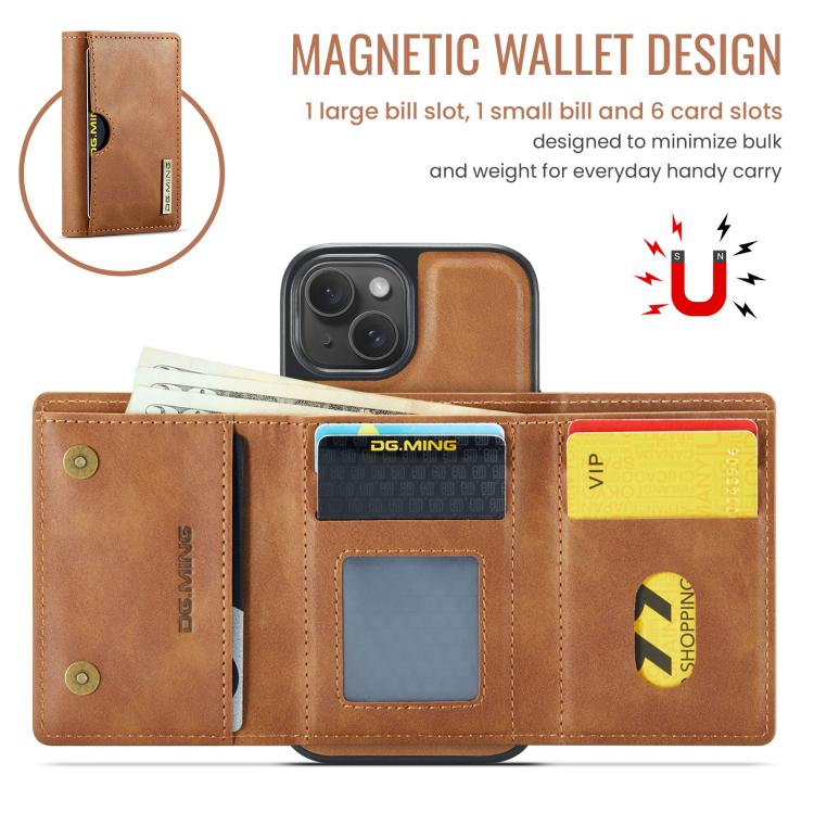 For iPhone 14 Plus DG.MING M6 Series RFID Tri-fold Card Bag Removable Leather Phone Case