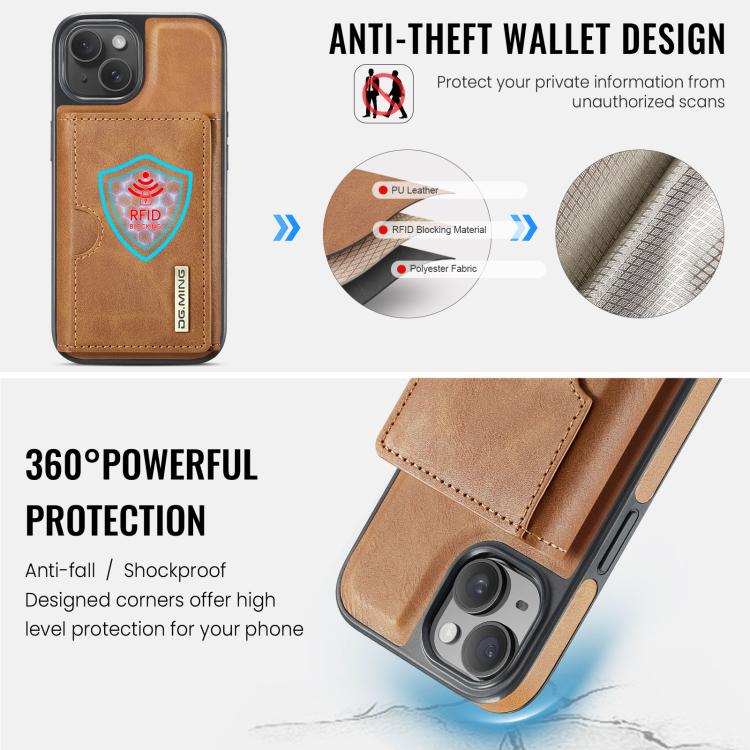 For iPhone 14 Plus DG.MING M6 Series RFID Tri-fold Card Bag Removable Leather Phone Case