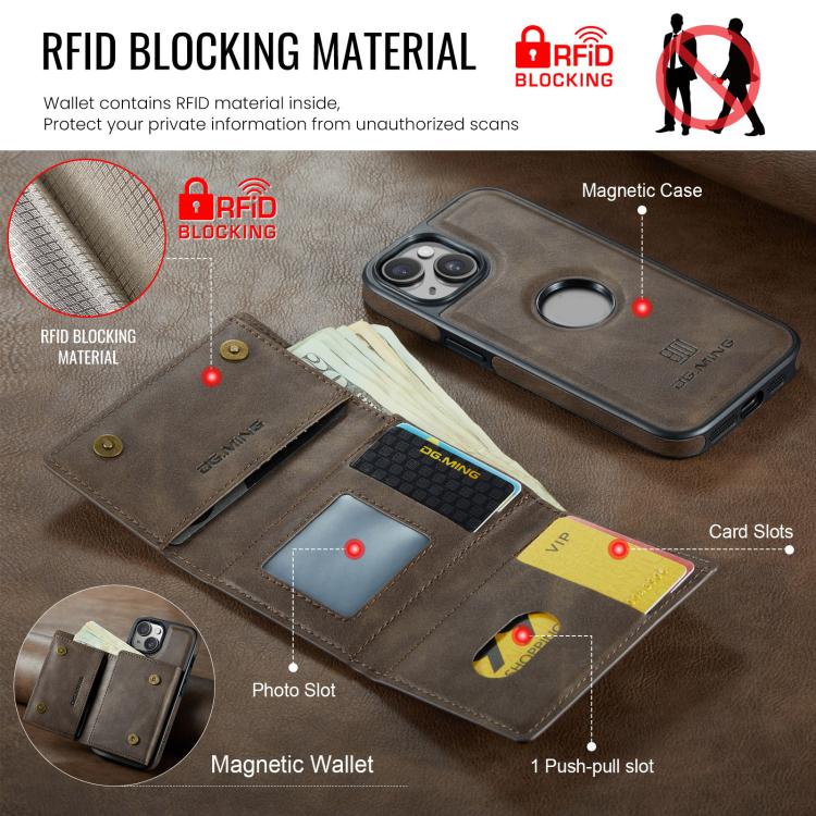 For iPhone 14 Plus DG.MING M6 Series RFID Tri-fold Card Bag Removable Leather Phone Case