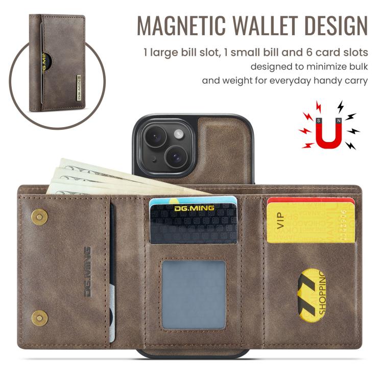 For iPhone 14 Plus DG.MING M6 Series RFID Tri-fold Card Bag Removable Leather Phone Case