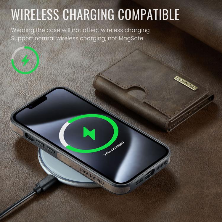 For iPhone 14 Plus DG.MING M6 Series RFID Tri-fold Card Bag Removable Leather Phone Case