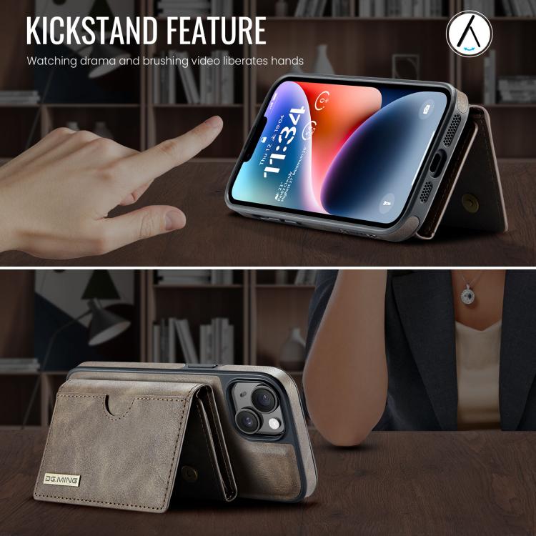 For iPhone 14 Plus DG.MING M6 Series RFID Tri-fold Card Bag Removable Leather Phone Case