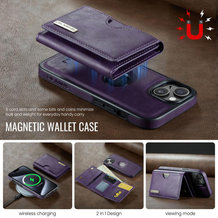 For iPhone 14 Plus DG.MING M6 Series RFID Tri-fold Card Bag Removable Leather Phone Case