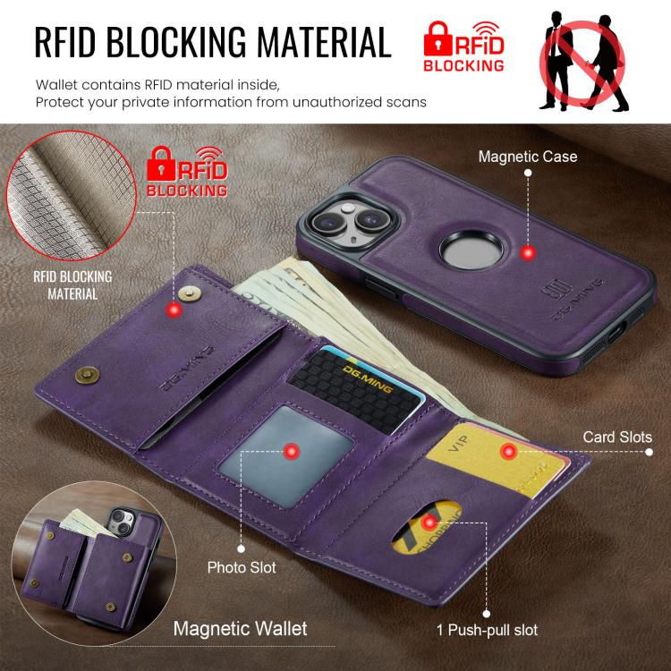 For iPhone 14 Plus DG.MING M6 Series RFID Tri-fold Card Bag Removable Leather Phone Case