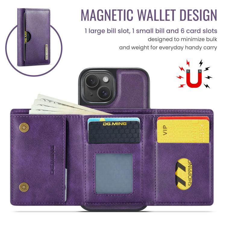 For iPhone 14 Plus DG.MING M6 Series RFID Tri-fold Card Bag Removable Leather Phone Case