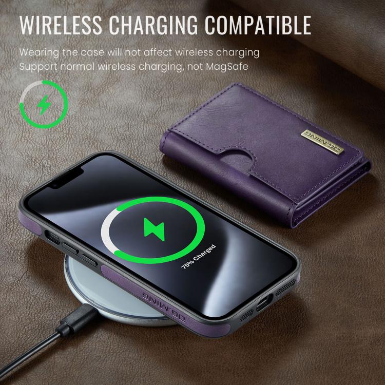 For iPhone 14 Plus DG.MING M6 Series RFID Tri-fold Card Bag Removable Leather Phone Case