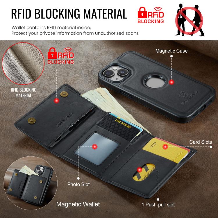 For iPhone 14 DG.MING M6 Series RFID Tri-fold Card Bag Removable Leather Phone Case