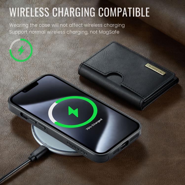 For iPhone 14 DG.MING M6 Series RFID Tri-fold Card Bag Removable Leather Phone Case