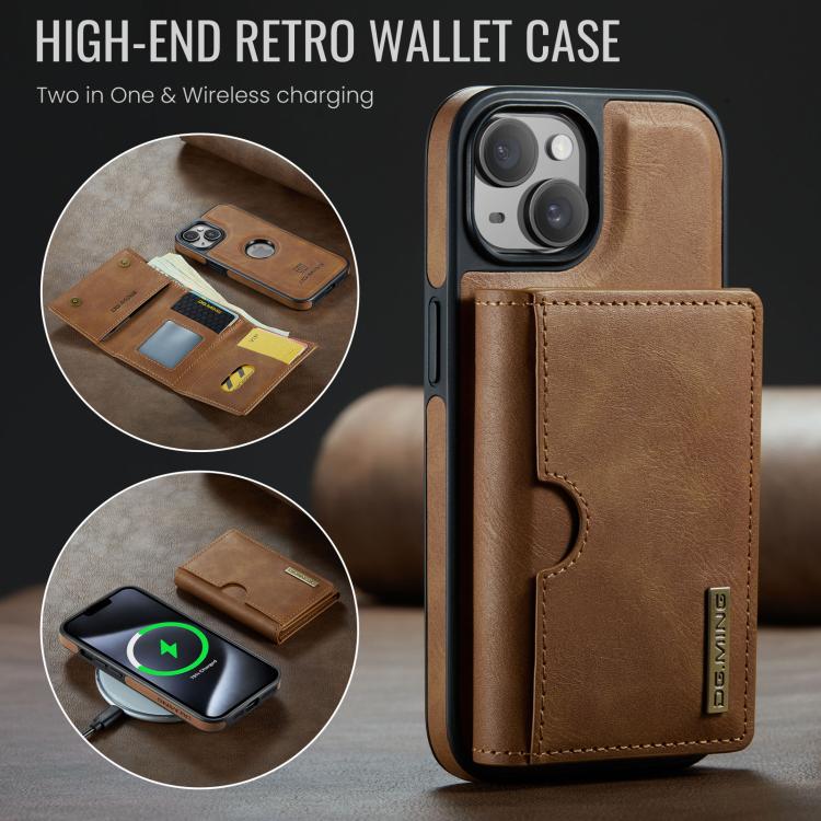 For iPhone 14 DG.MING M6 Series RFID Tri-fold Card Bag Removable Leather Phone Case