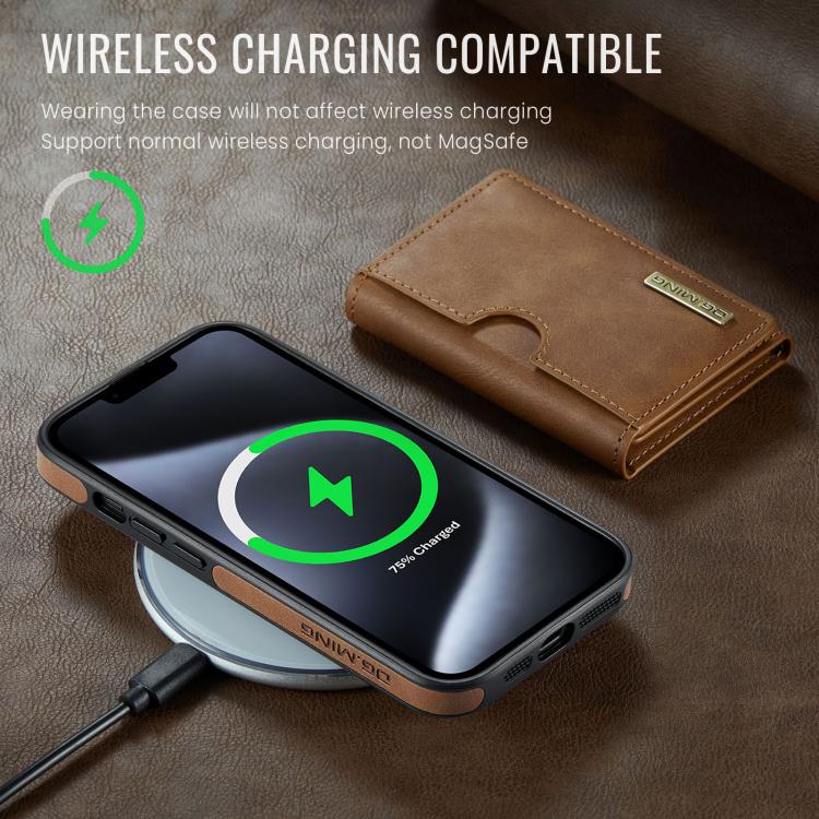 For iPhone 14 DG.MING M6 Series RFID Tri-fold Card Bag Removable Leather Phone Case