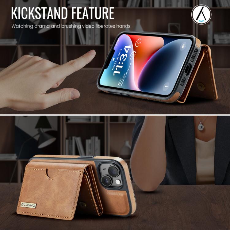 For iPhone 14 DG.MING M6 Series RFID Tri-fold Card Bag Removable Leather Phone Case