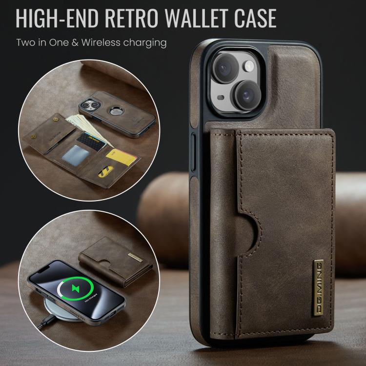 For iPhone 14 DG.MING M6 Series RFID Tri-fold Card Bag Removable Leather Phone Case