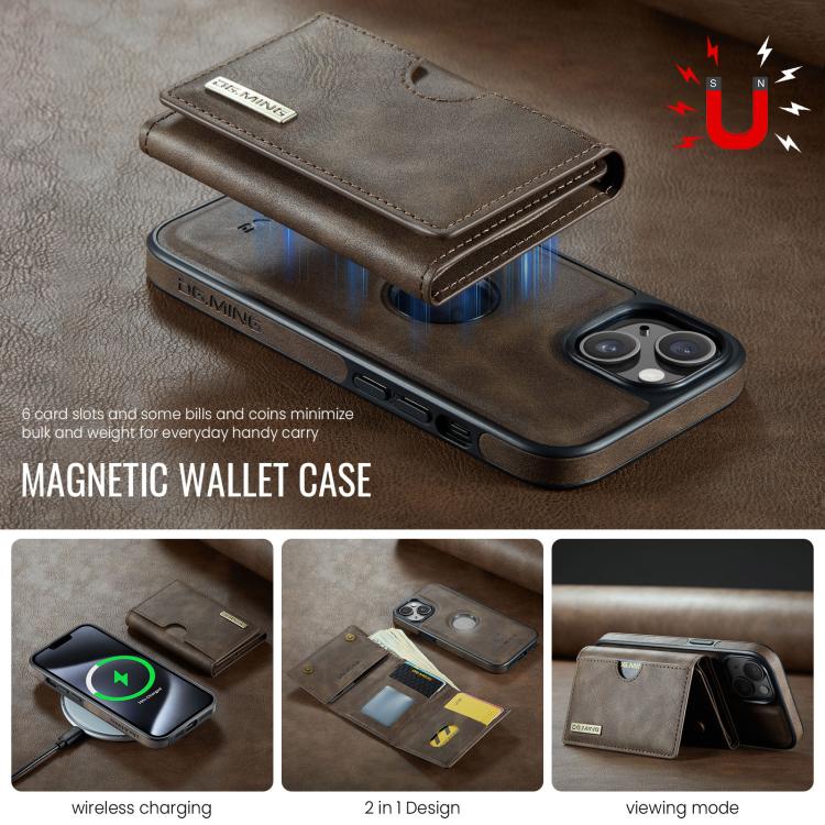 For iPhone 14 DG.MING M6 Series RFID Tri-fold Card Bag Removable Leather Phone Case