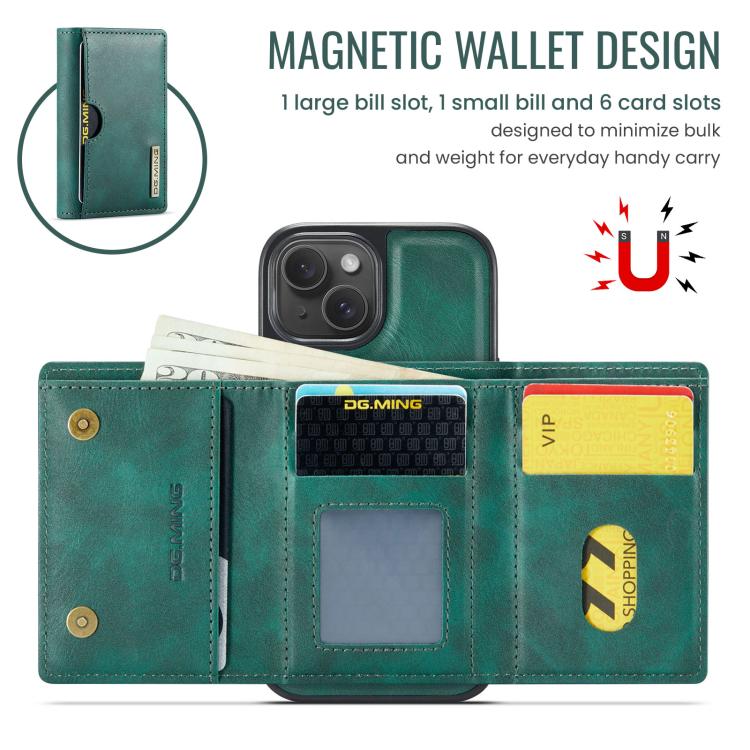 For iPhone 14 DG.MING M6 Series RFID Tri-fold Card Bag Removable Leather Phone Case