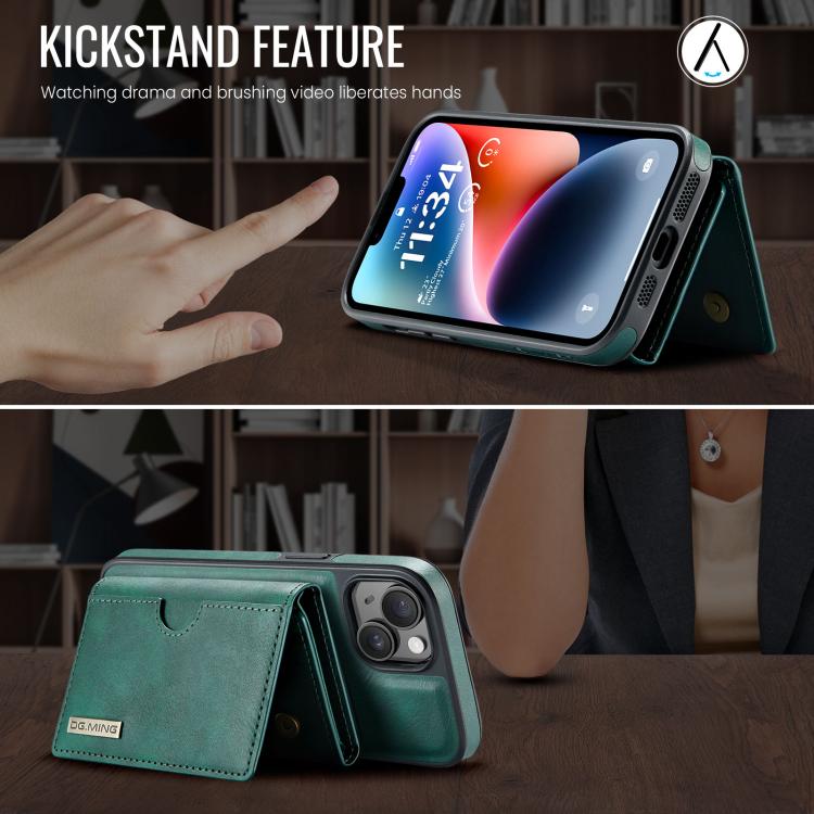 For iPhone 14 DG.MING M6 Series RFID Tri-fold Card Bag Removable Leather Phone Case