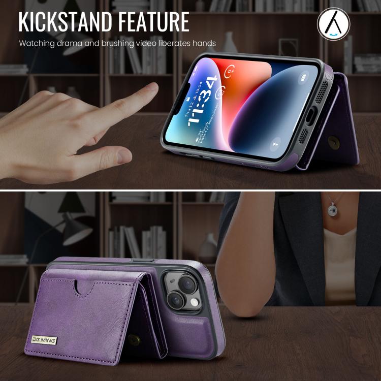 For iPhone 14 DG.MING M6 Series RFID Tri-fold Card Bag Removable Leather Phone Case