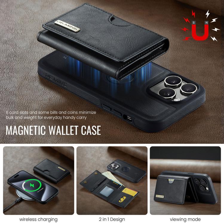 For iPhone 14 Pro DG.MING M6 Series RFID Tri-fold Card Bag Removable Leather Phone Case