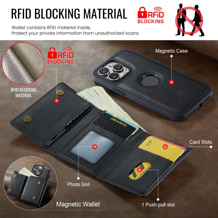 For iPhone 14 Pro DG.MING M6 Series RFID Tri-fold Card Bag Removable Leather Phone Case