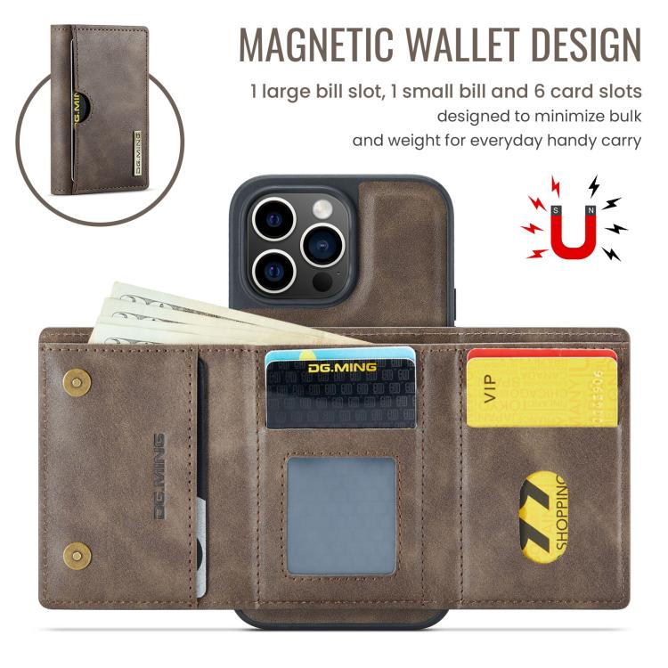 For iPhone 14 Pro DG.MING M6 Series RFID Tri-fold Card Bag Removable Leather Phone Case