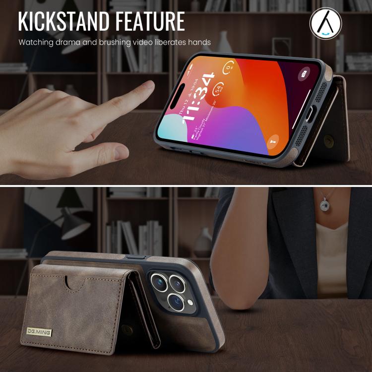 For iPhone 14 Pro DG.MING M6 Series RFID Tri-fold Card Bag Removable Leather Phone Case