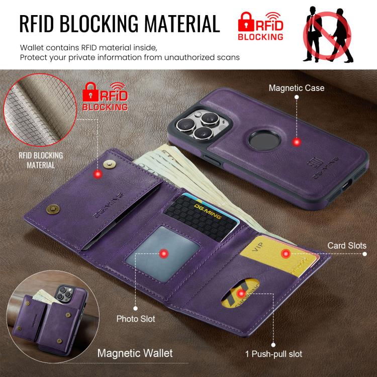 For iPhone 14 Pro DG.MING M6 Series RFID Tri-fold Card Bag Removable Leather Phone Case