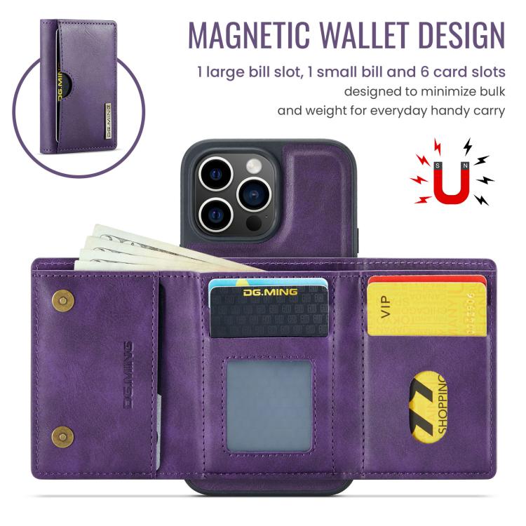 For iPhone 14 Pro DG.MING M6 Series RFID Tri-fold Card Bag Removable Leather Phone Case