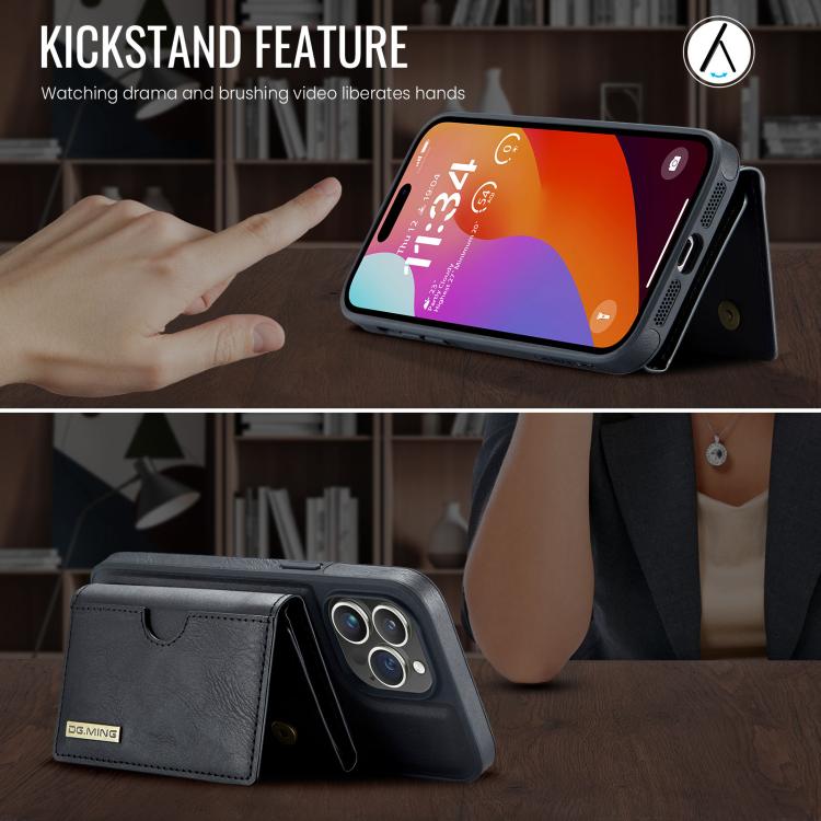 For iPhone 14 Pro Max DG.MING M6 Series RFID Tri-fold Card Bag Removable Leather Phone Case