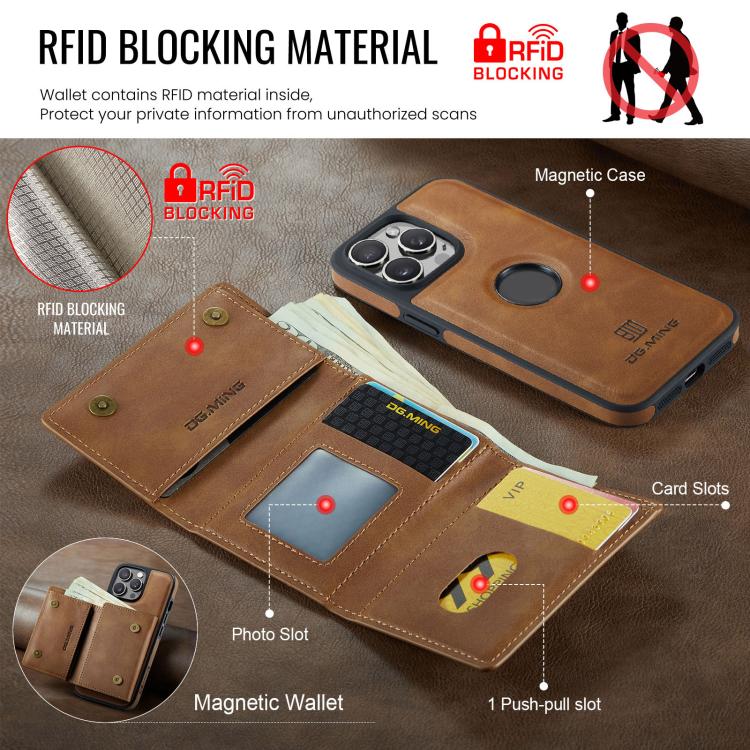 For iPhone 14 Pro Max DG.MING M6 Series RFID Tri-fold Card Bag Removable Leather Phone Case