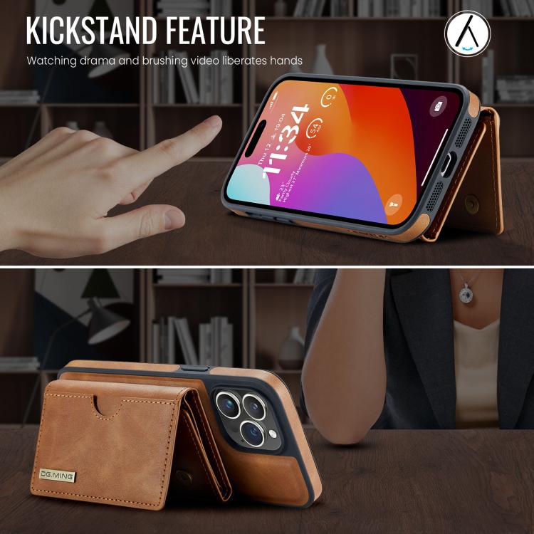 For iPhone 14 Pro Max DG.MING M6 Series RFID Tri-fold Card Bag Removable Leather Phone Case