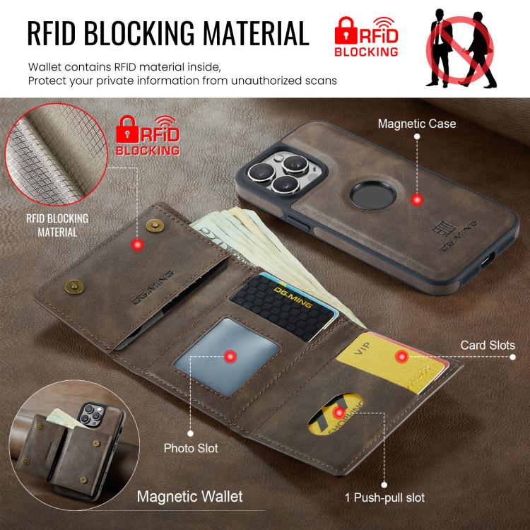 For iPhone 14 Pro Max DG.MING M6 Series RFID Tri-fold Card Bag Removable Leather Phone Case