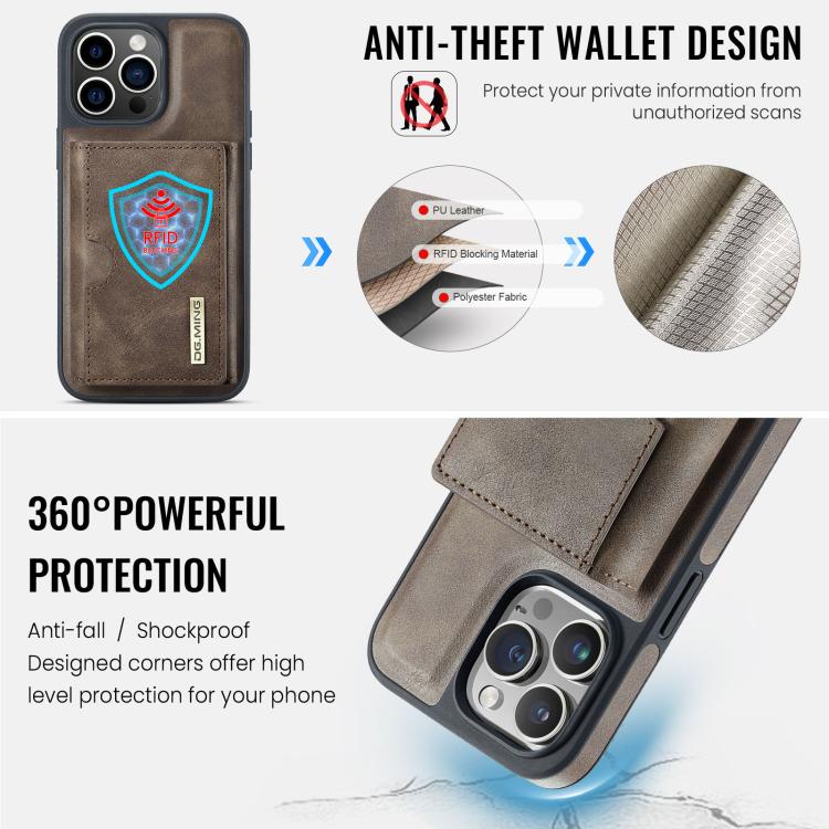 For iPhone 14 Pro Max DG.MING M6 Series RFID Tri-fold Card Bag Removable Leather Phone Case