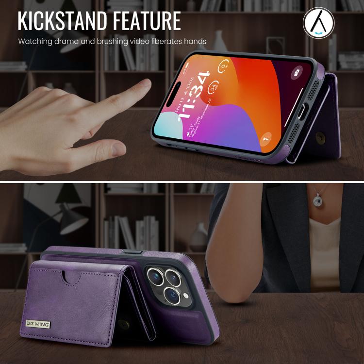For iPhone 14 Pro Max DG.MING M6 Series RFID Tri-fold Card Bag Removable Leather Phone Case