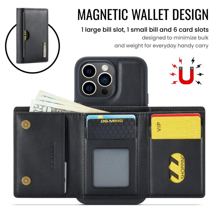 For iPhone 13 Pro Max DG.MING M6 Series RFID Tri-fold Card Bag Removable Leather Phone Case