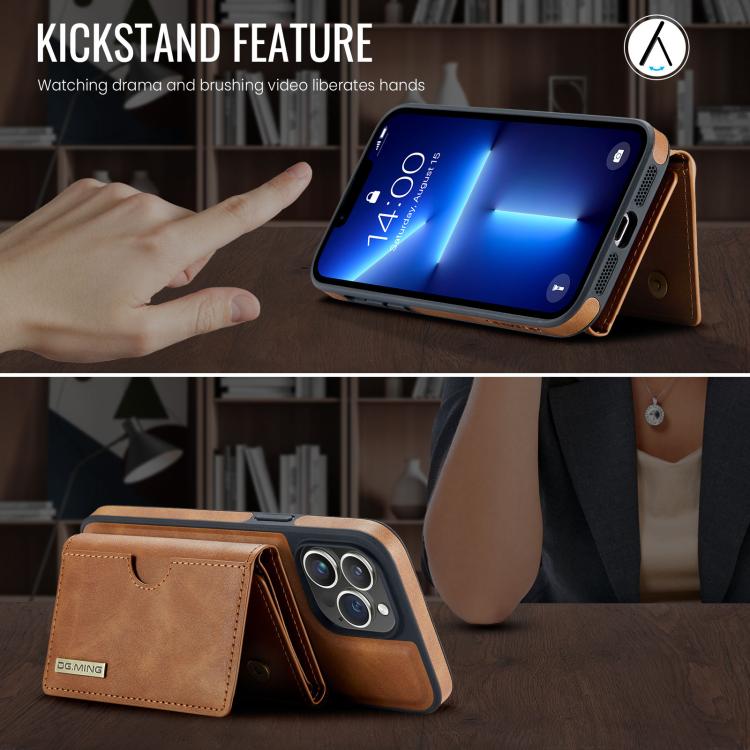 For iPhone 13 Pro Max DG.MING M6 Series RFID Tri-fold Card Bag Removable Leather Phone Case