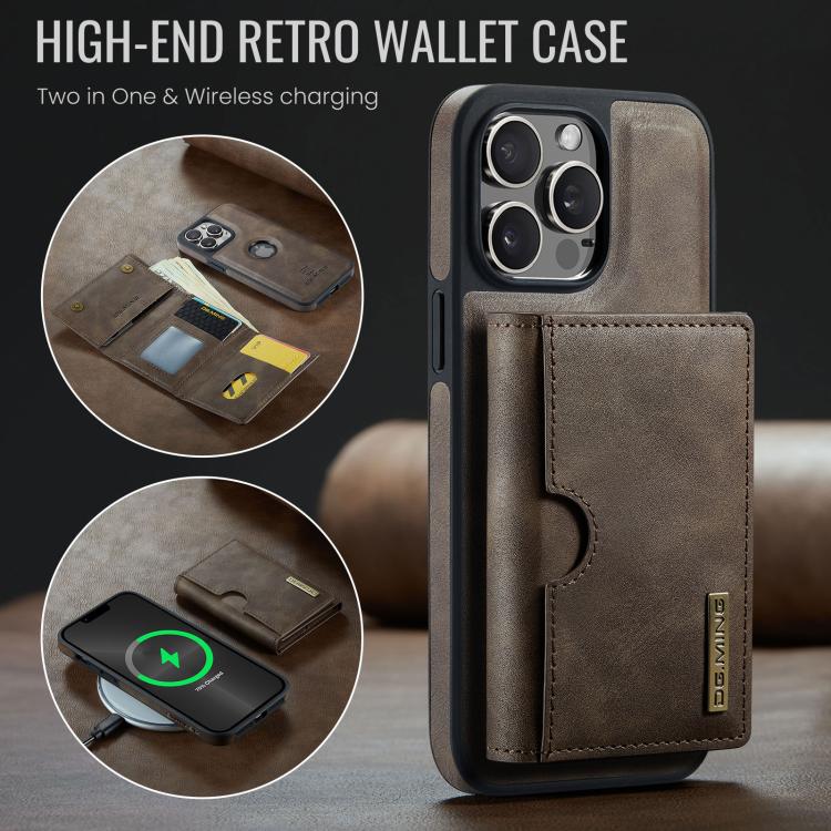 For iPhone 13 Pro Max DG.MING M6 Series RFID Tri-fold Card Bag Removable Leather Phone Case