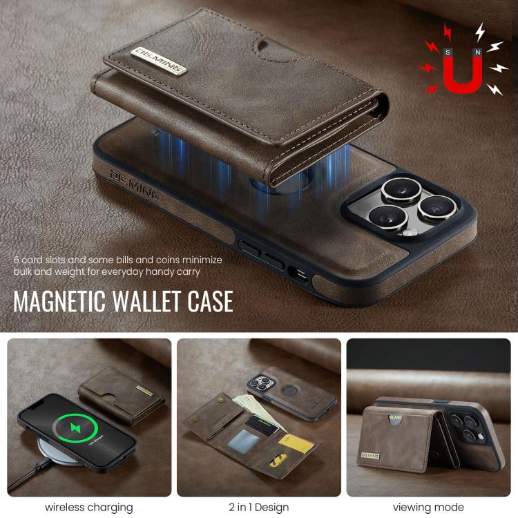 For iPhone 13 Pro Max DG.MING M6 Series RFID Tri-fold Card Bag Removable Leather Phone Case