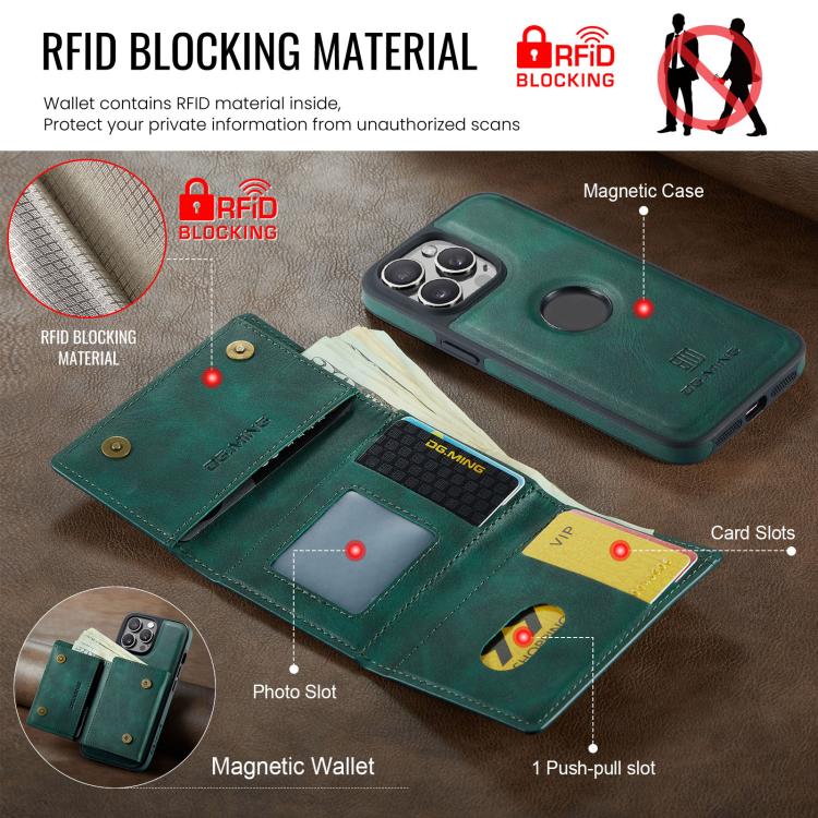 For iPhone 13 Pro Max DG.MING M6 Series RFID Tri-fold Card Bag Removable Leather Phone Case