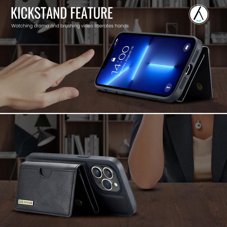 For iPhone 13 Pro DG.MING M6 Series RFID Tri-fold Card Bag Removable Leather Phone Case