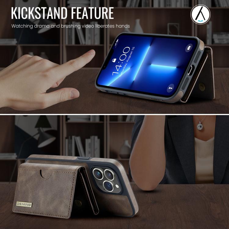 For iPhone 13 Pro DG.MING M6 Series RFID Tri-fold Card Bag Removable Leather Phone Case