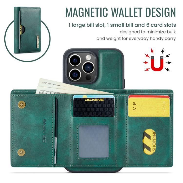For iPhone 13 Pro DG.MING M6 Series RFID Tri-fold Card Bag Removable Leather Phone Case