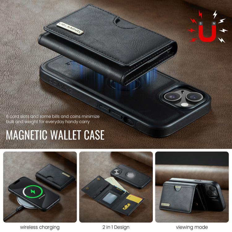 For iPhone 13 DG.MING M6 Series RFID Tri-fold Card Bag Removable Leather Phone Case