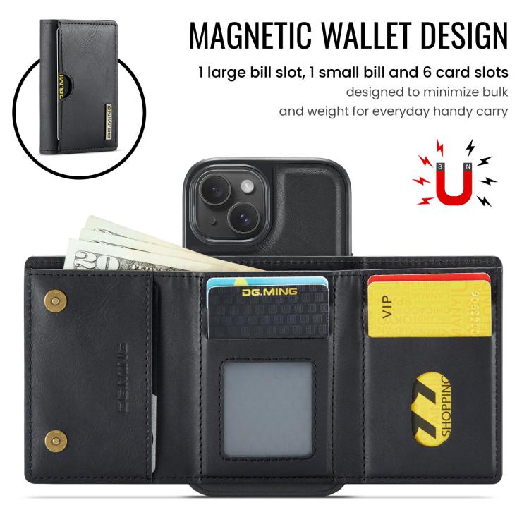 For iPhone 13 DG.MING M6 Series RFID Tri-fold Card Bag Removable Leather Phone Case