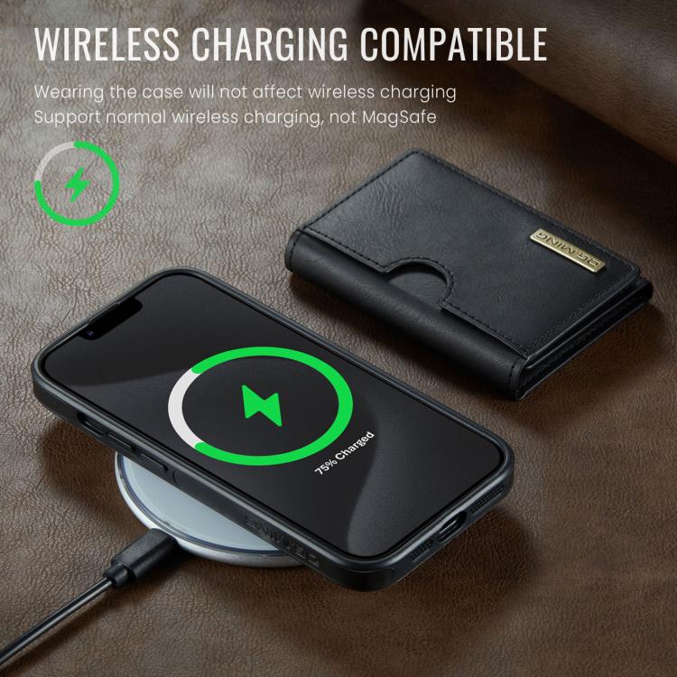 For iPhone 13 DG.MING M6 Series RFID Tri-fold Card Bag Removable Leather Phone Case