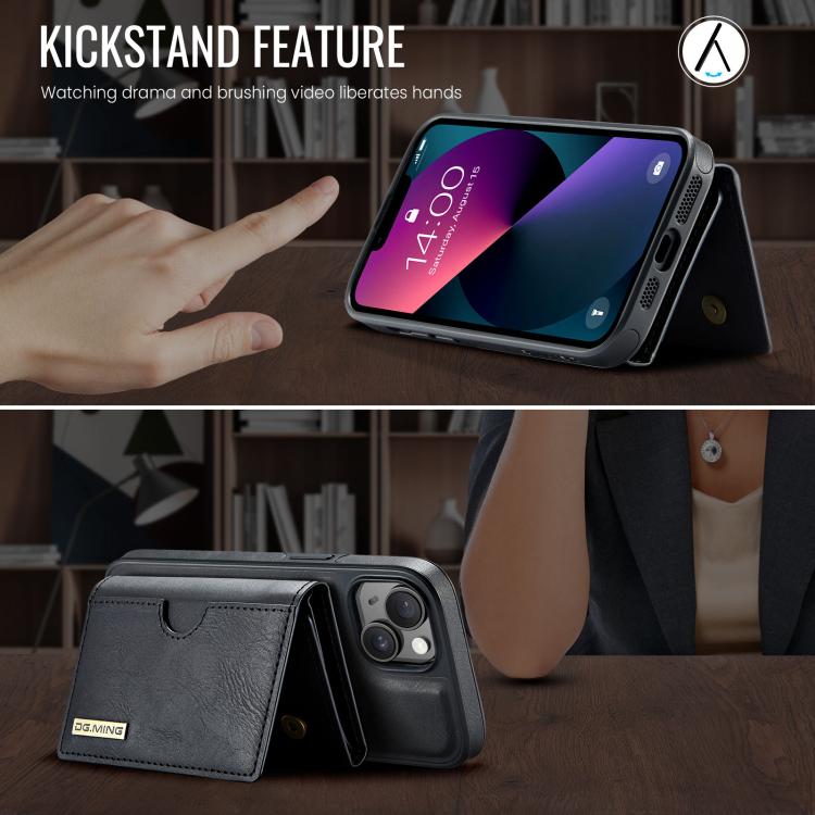 For iPhone 13 DG.MING M6 Series RFID Tri-fold Card Bag Removable Leather Phone Case
