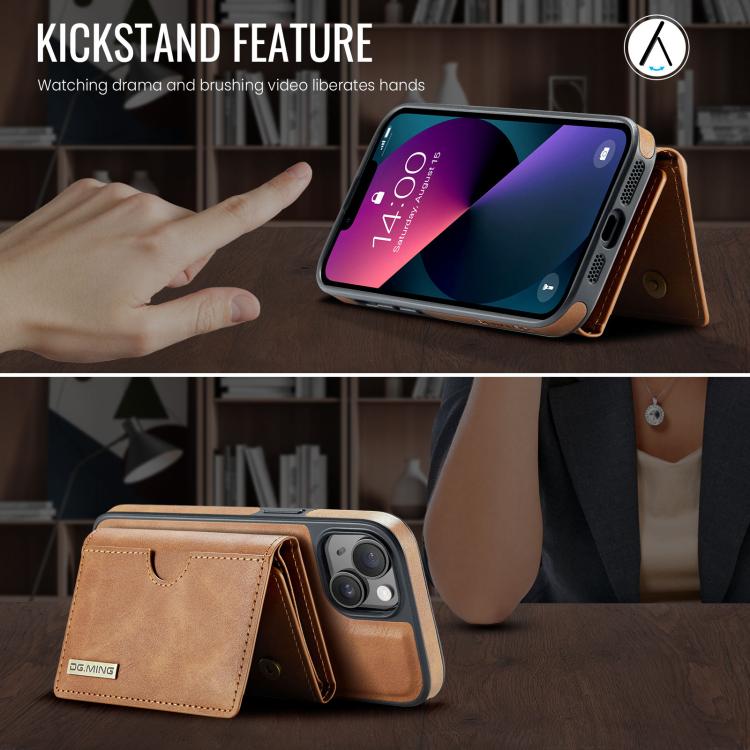 For iPhone 13 DG.MING M6 Series RFID Tri-fold Card Bag Removable Leather Phone Case