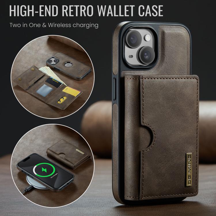 For iPhone 13 DG.MING M6 Series RFID Tri-fold Card Bag Removable Leather Phone Case