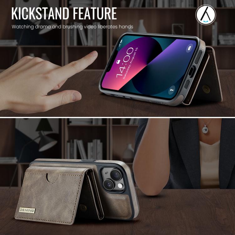 For iPhone 13 DG.MING M6 Series RFID Tri-fold Card Bag Removable Leather Phone Case